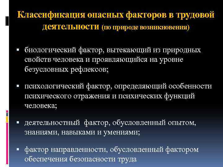 Классификация опасных факторов в трудовой деятельности (по природе возникновения) биологический фактор, вытекающий из природных