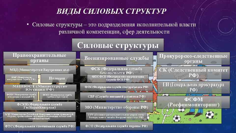 ВИДЫ СИЛОВЫХ СТРУКТУР • Силовые структуры – это подразделения исполнительной власти различной компетенции, сфер