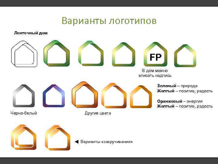 Варианты логотипов Ленточный дом В дом можно вписать надпись Зеленый – природа Желтый –