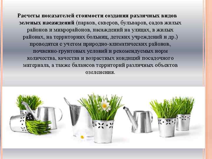 Расчеты показателей стоимости создания различных видов зеленых насаждений (парков, скверов, бульваров, садов жилых районов
