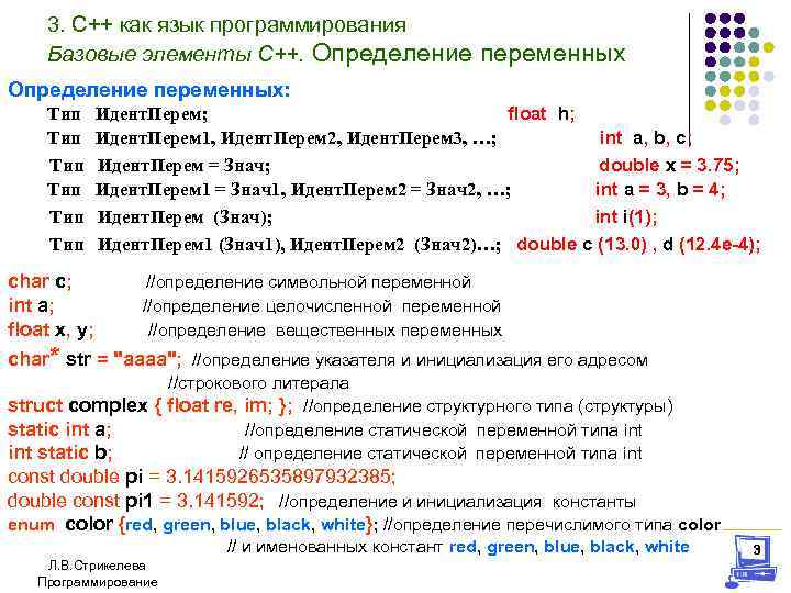 3. С++ как язык программирования Базовые элементы С++. Определение переменных: Тип Тип Тип char