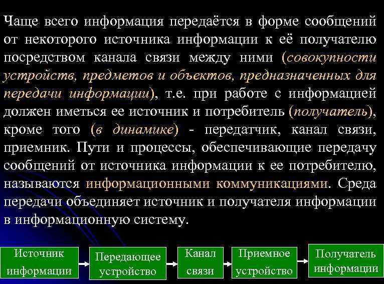 Чаще всего информация передаётся в форме сообщений от некоторого источника информации к её получателю