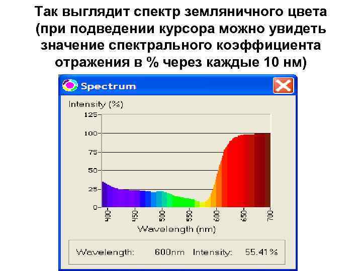 Так выглядит спектр земляничного цвета (при подведении курсора можно увидеть значение спектрального коэффициента отражения