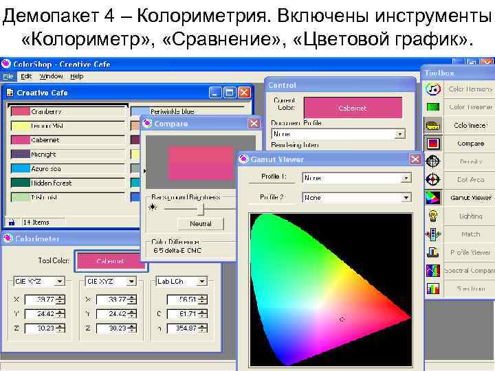 Демопакет 4 – Колориметрия. Включены инструменты «Колориметр» , «Сравнение» , «Цветовой график» . 
