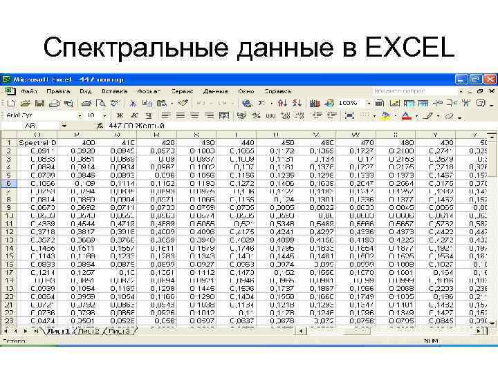 Спектральные данные в EXCEL 