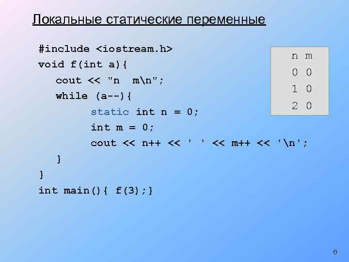 Локальные статические переменные #include <iostream. h> n m void f(int a){ 0 0 cout