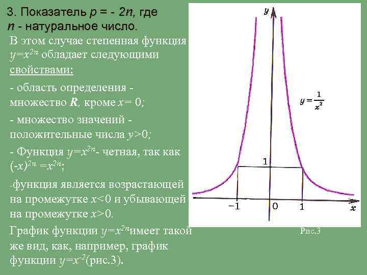 3. Показатель р = - 2 n, где n - натуральное число. В этом