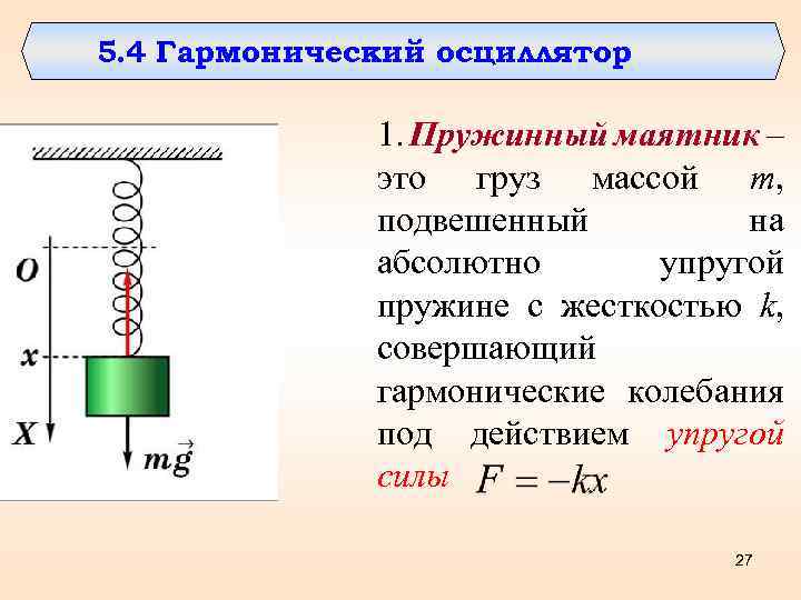 5. 4 Гармонический осциллятор 1. Пружинный маятник – это груз массой m, подвешенный на