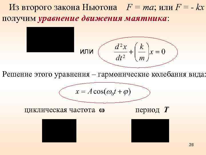 Из второго закона Ньютона F = mа; или F = - kx получим уравнение