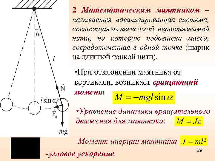 2 Математическим маятником – называется идеализированная система, состоящая из невесомой, нерастяжимой нити, на которую