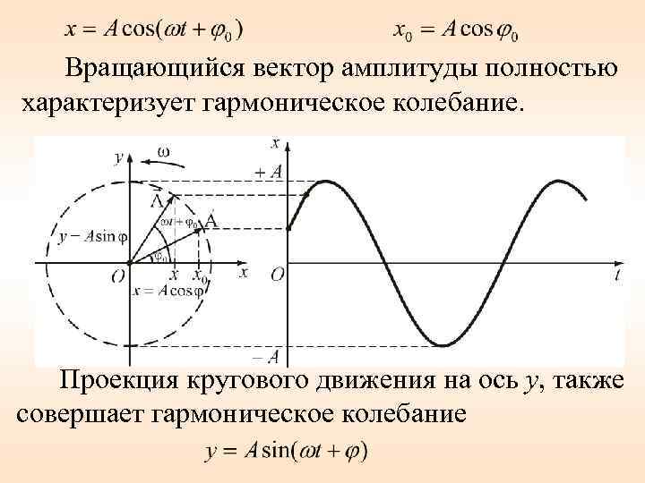 Вращающийся вектор амплитуды полностью характеризует гармоническое колебание. Проекция кругового движения на ось у, также