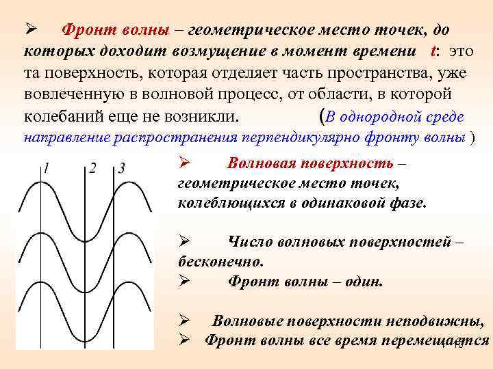 Ø Фронт волны – геометрическое место точек, до которых доходит возмущение в момент времени