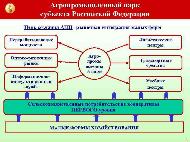 Агропромышленный парк субъекта Российской Федерации Цель создания АПП –рыночная интеграция малых форм Перерабатывающие мощности