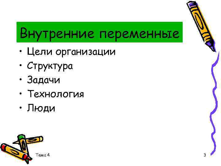 Внутренние переменные • • • Цели организации Структура Задачи Технология Люди Тема 4 3