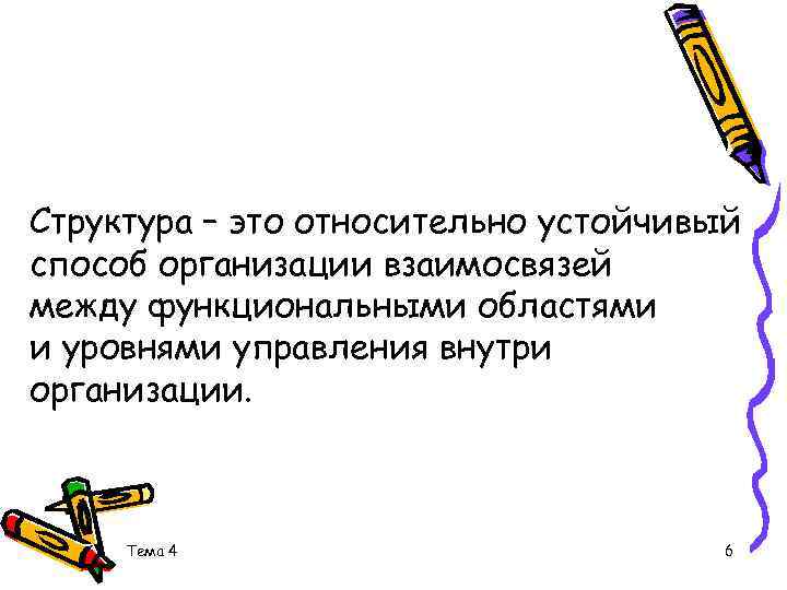 Структура – это относительно устойчивый способ организации взаимосвязей между функциональными областями и уровнями управления