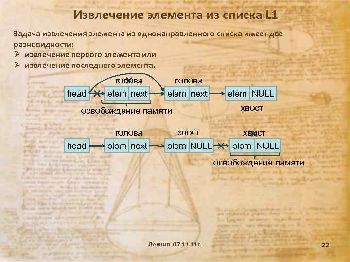 Извлечение элемента из списка L 1 Задача извлечения элемента из однонаправленного списка имеет две