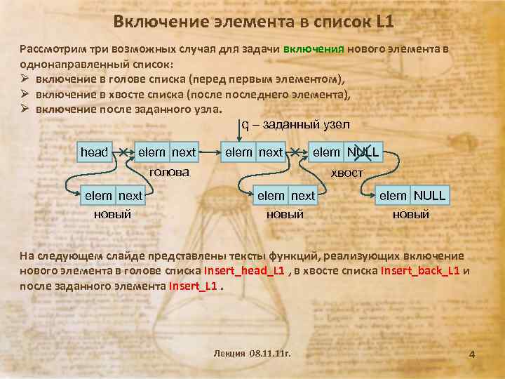 Включение элемента в список L 1 Рассмотрим три возможных случая для задачи включения нового