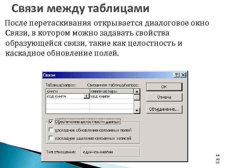 Связи между таблицами После перетаскивания открывается диалоговое окно Связи, в котором можно задавать свойства