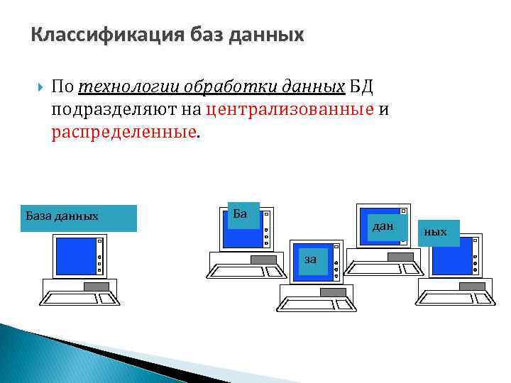 Классификация баз данных По технологии обработки данных БД подразделяют на централизованные и распределенные. База