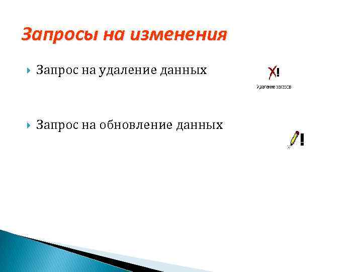 Запросы на изменения Запрос на удаление данных Запрос на обновление данных 