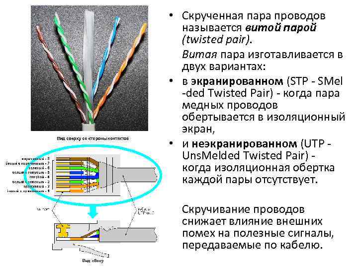  • Скрученная пара проводов называется витой парой (twisted pair). Витая пара изготавливается в