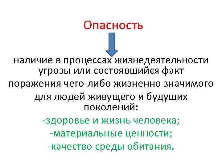 Опасность наличие в процессах жизнедеятельности угрозы или состоявшийся факт поражения чего-либо жизненно значимого для