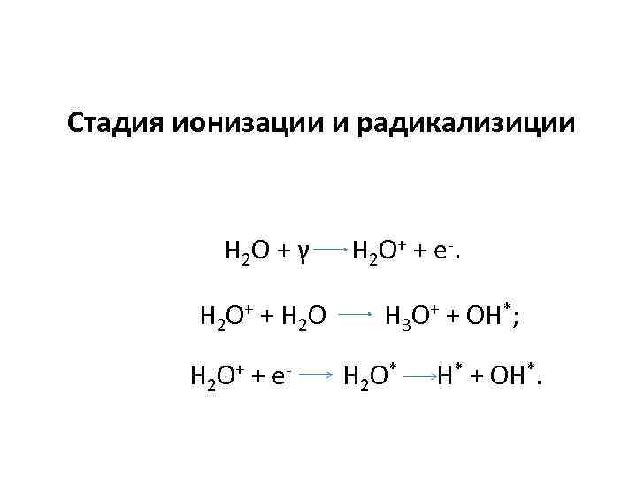 Стадия ионизации и радикализиции Н 2 О + γ Н 2 О+ + е-.