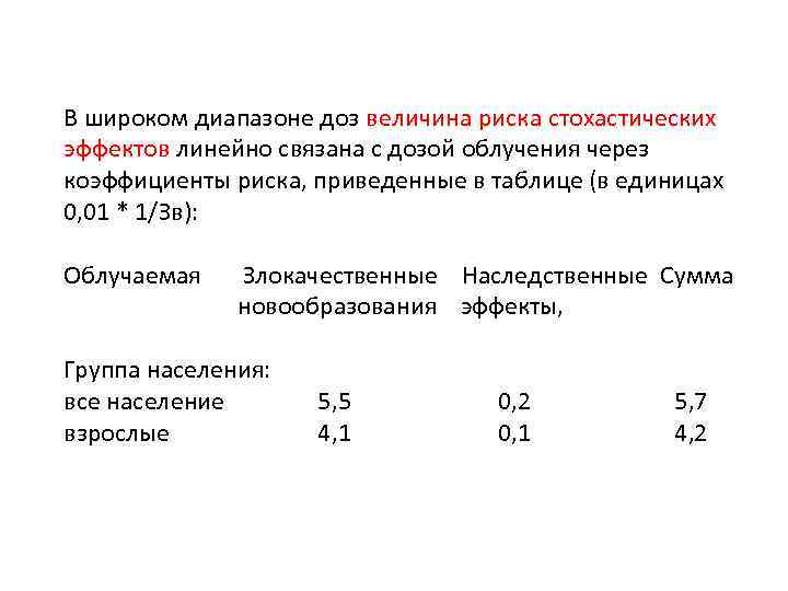 В широком диапазоне доз величина риска стохастических эффектов линейно связана с дозой облучения через
