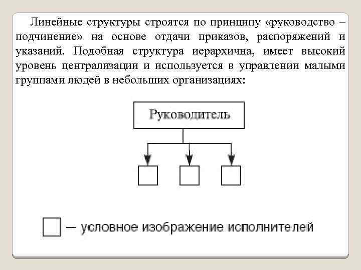 Линейные структуры строятся по принципу «руководство – подчинение» на основе отдачи приказов, распоряжений и