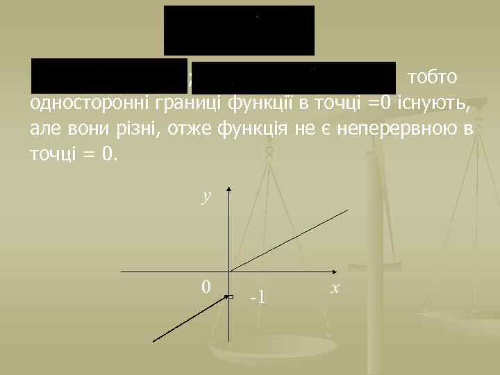 ; тобто односторонні границі функції в точці =0 існують, але вони різні, отже функція