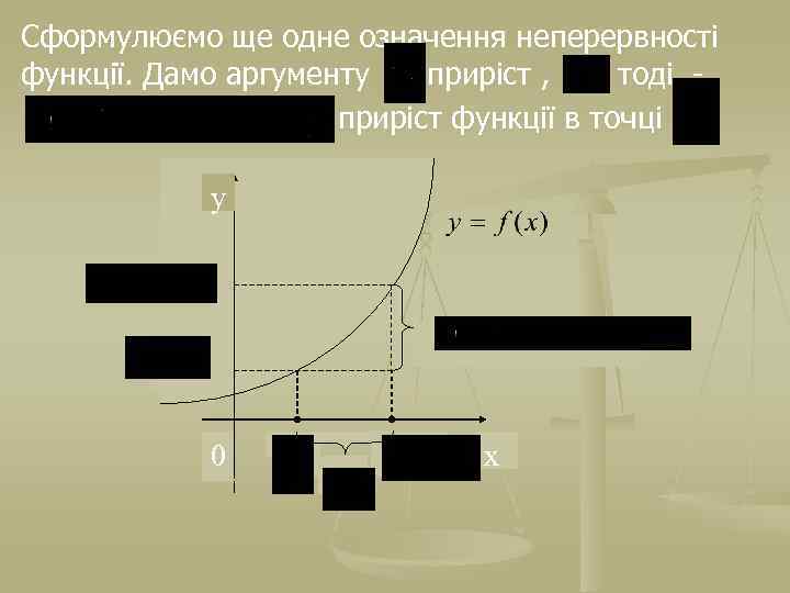 Сформулюємо ще одне означення неперервності функції. Дамо аргументу приріст , тоді приріст функції в