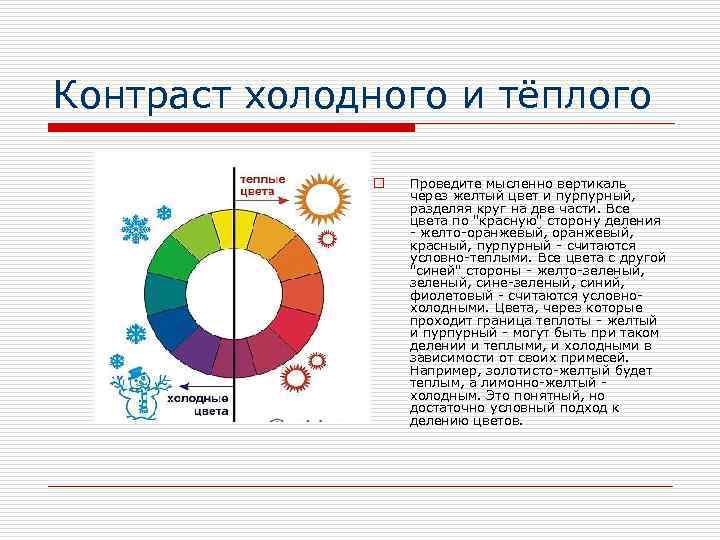 Контраст холодного и тёплого o Проведите мысленно вертикаль через желтый цвет и пурпурный, разделяя
