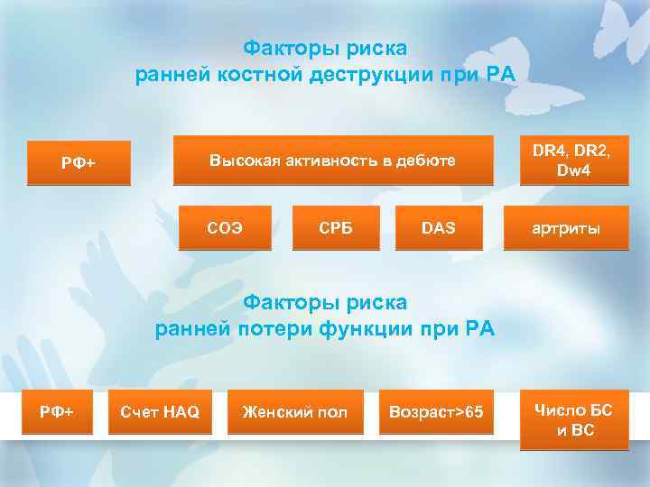 Факторы риска ранней костной деструкции при РА Высокая активность в дебюте DR 4, DR