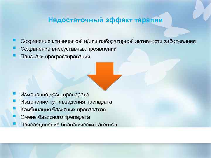 Недостаточный эффект терапии § § § Сохранение клинической и/или лабораторной активности заболевания Сохранение внесуставных