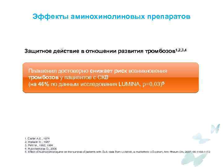 Эффекты аминохинолиновых препаратов Защитное действие в отношении развития тромбозов 1, 2, 3, 4 Плаквенил