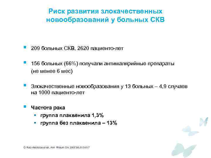 Риск развития злокачественных новообразований у больных СКВ § 209 больных СКВ, 2620 пациенто-лет §