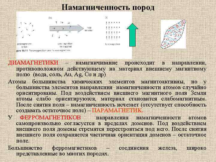 Намагниченность пород ДИАМАГНЕТИКИ – намагничивание происходит в направлении, противоположном действующему на материал внешнему магнитному