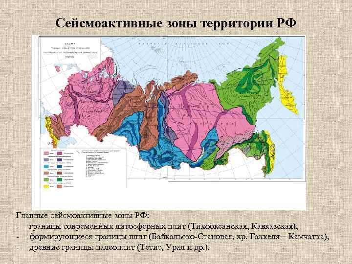 Сейсмоактивные зоны территории РФ Главные сейсмоактивные зоны РФ: - границы современных литосферных плит (Тихоокеанская,