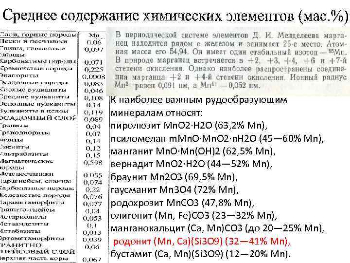 К наиболее важным рудообразующим минералам относят: пиролюзит Mn. O 2·Н 2 О (63, 2%