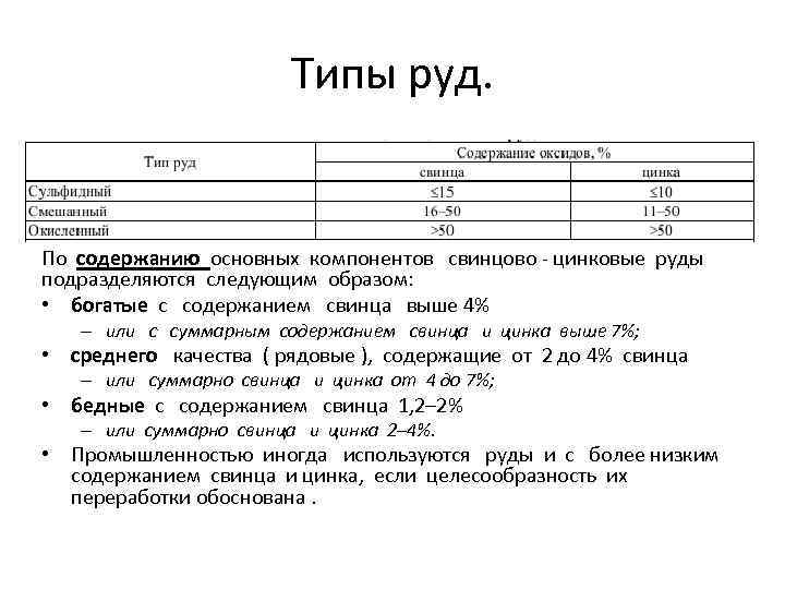 Типы руд. По содержанию основных компонентов свинцово - цинковые руды подразделяются следующим образом: •