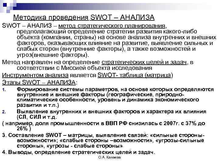Методика проведения SWOT – АНАЛИЗА SWOT – АНАЛИЗ – метод стратегического планирования, предполагающий определение