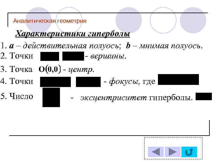 Аналитическая геометрия Характеристики гиперболы 1. a – действительная полуось; b – мнимая полуось. 2.