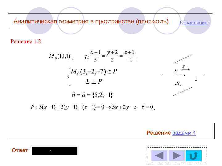 Аналитическая геометрия в пространстве (плоскость) Оглавление: Решение задачи 1 Ответ: 