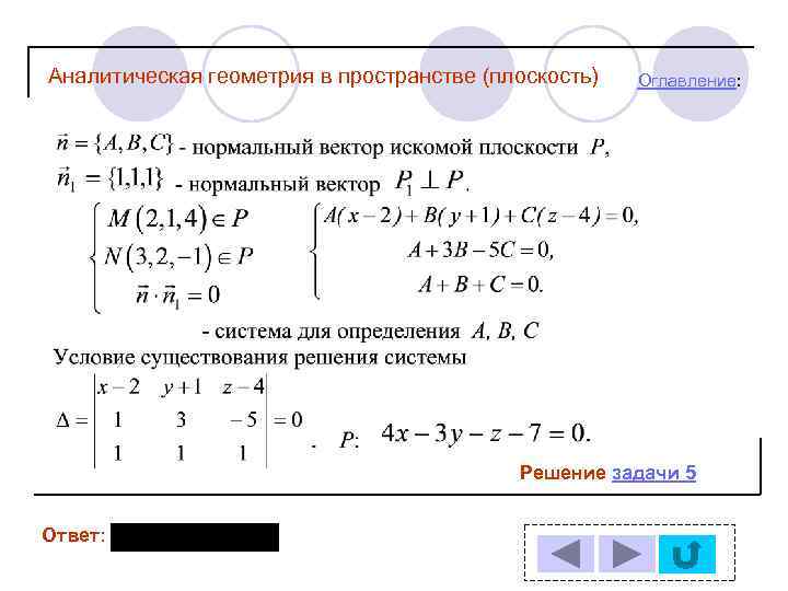 Аналитическая геометрия в пространстве (плоскость) Оглавление: Решение задачи 5 Ответ: 