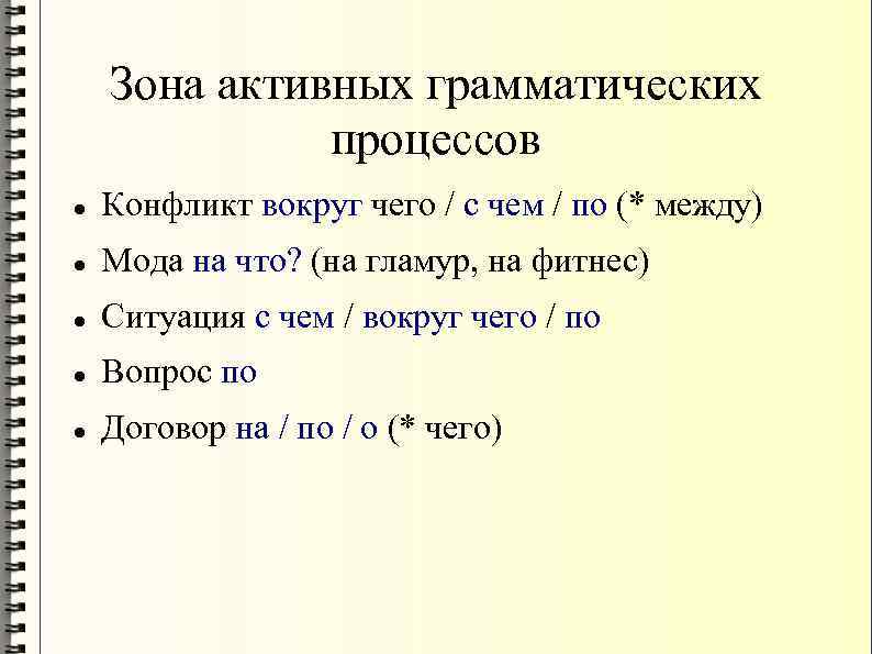 Зона активных грамматических процессов Конфликт вокруг чего / с чем / по (* между)