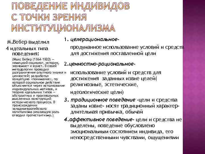 М. Вебер выделил 4 идеальных типа поведения: 1. целерациональноепродуманное использование условий и средств для