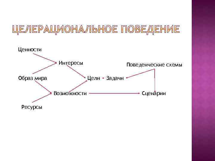Ценности Интересы Образ мира Цели Возможности Ресурсы Поведенческие схемы Задачи Сценарии 