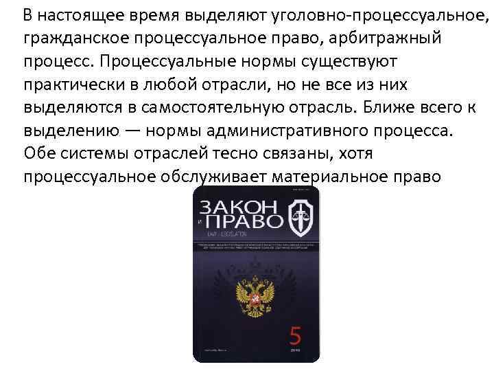  В настоящее время выделяют уголовно-процессуальное, гражданское процессуальное право, арбитражный процесс. Процессуальные нормы существуют