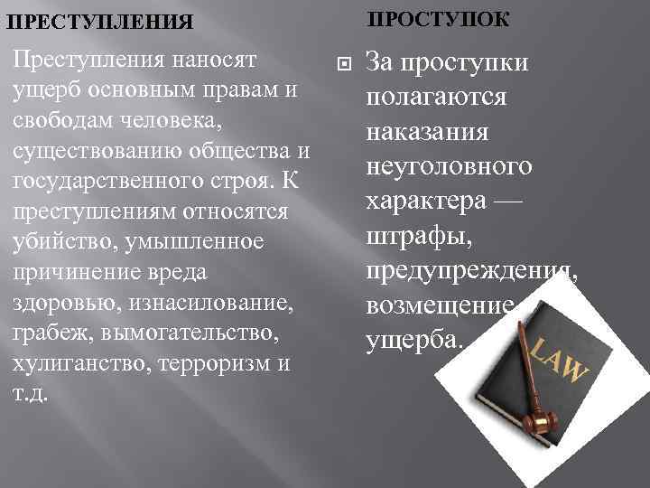 ПРОСТУПОК ПРЕСТУПЛЕНИЯ Преступления наносят ущерб основным правам и свободам человека, существованию общества и государственного