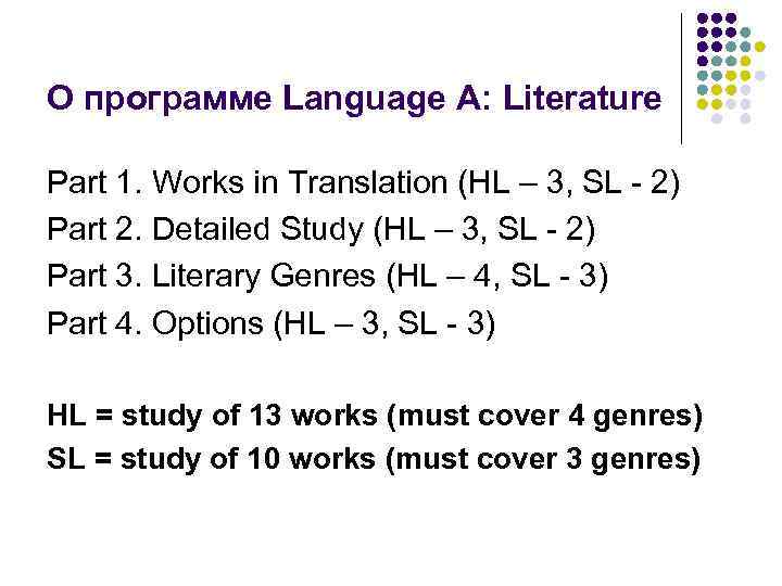 О программе Language A: Literature Part 1. Works in Translation (HL – 3, SL